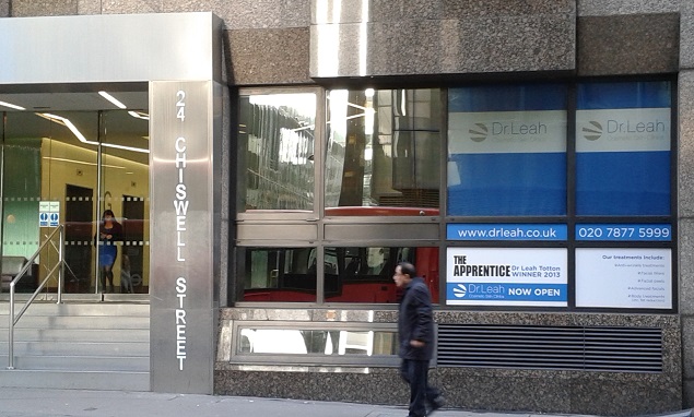 Outside of Dr Leah Clinic in Moorgate, London